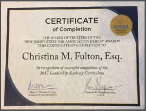 New Jersey State Bar Association Leadership Academy Certificate of Christina M. Groves, Esquire