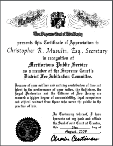NJ Supreme Court District Fee Arbitration Committee Recognition of Meritorious Public Service of Christopher Musulin, Esq.